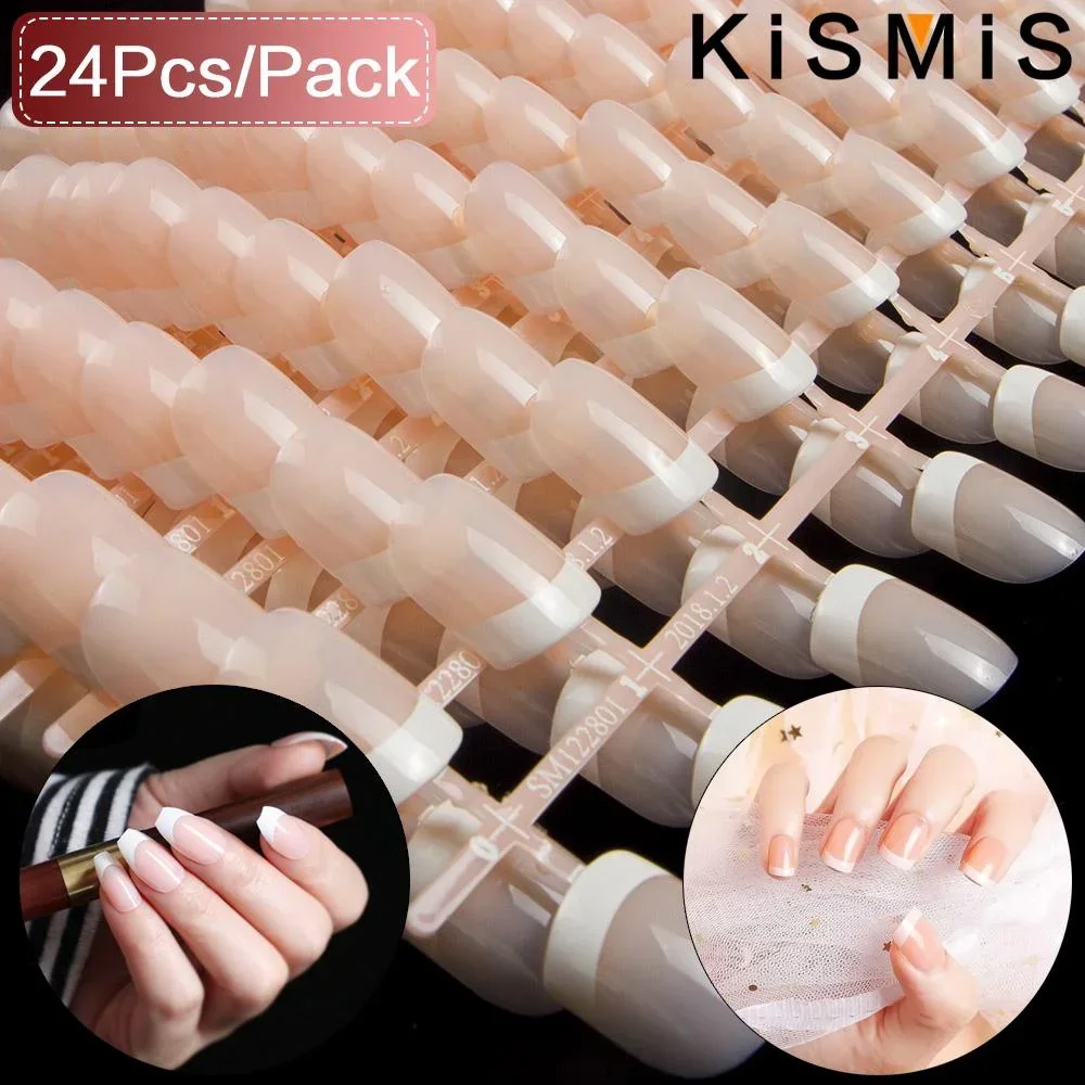 Nail Art Natural Pink - 24Pcs French Pink Short Long Almond
