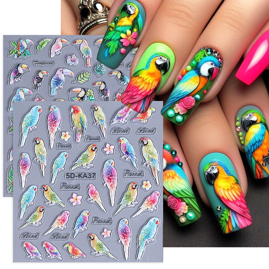 Nail Art Van Gogh - 1/2pcs 5D Embossed Parrot Bird Nail