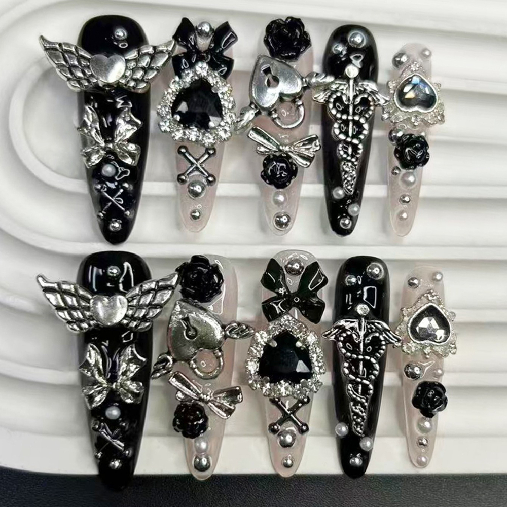 Nail Art Pink - 10PCS Jirai Y2K Black Pink Long