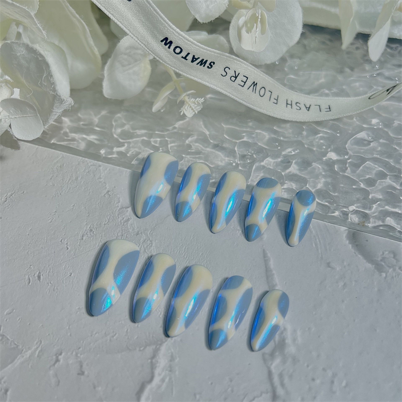 Nail Art Lotso - 10Pcs Handmade Almond Blue Fake Nails