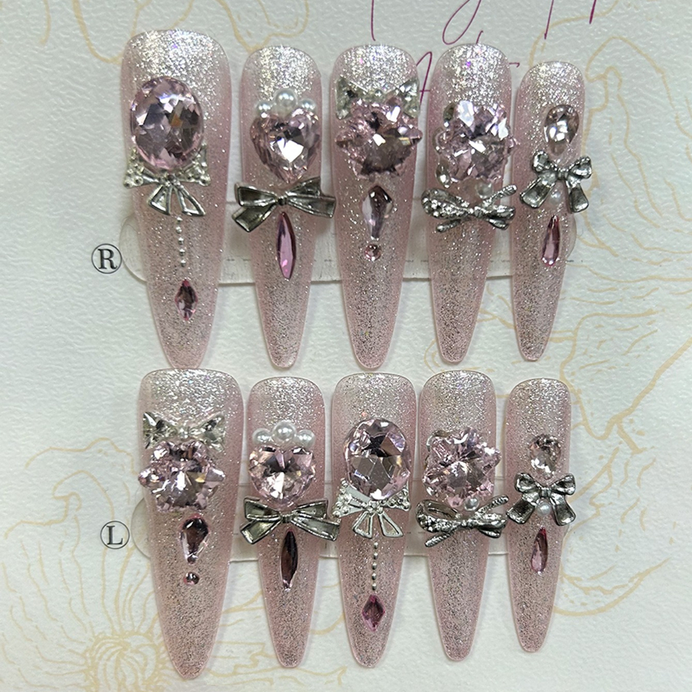Nail Art Pink - Luxury Pink Cat Eye Glitter Stiletto