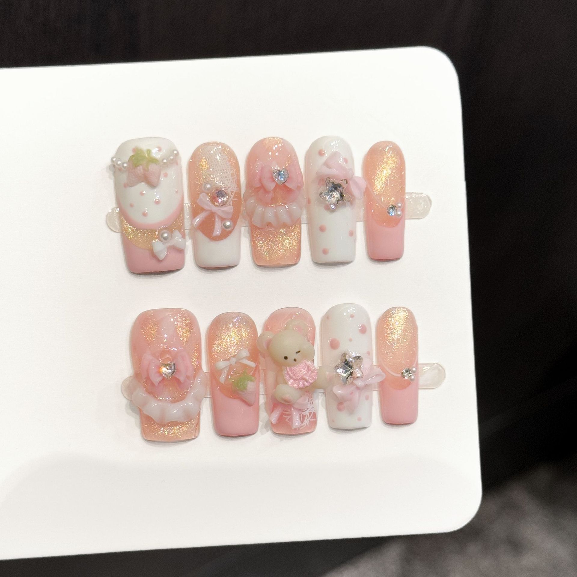 Nail Art Pink - 10pcs Pure Hand Pressed Long Square