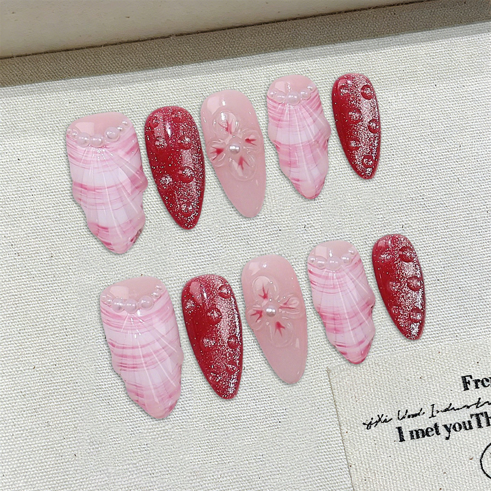 Nail Art Pink - 10pcs Medium Almond Handmade Press On
