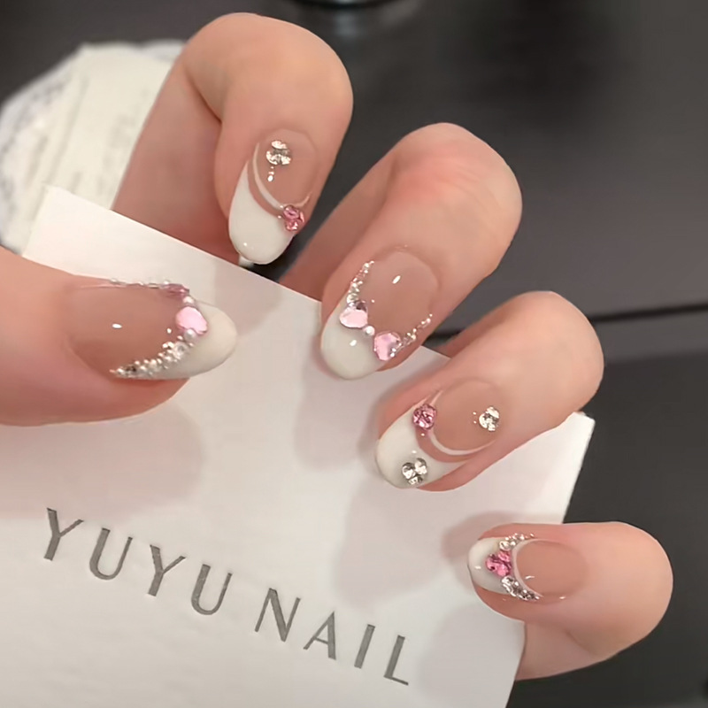 10Pcs White French Pink Heart  - Nail Art Pink ulasan dan harga