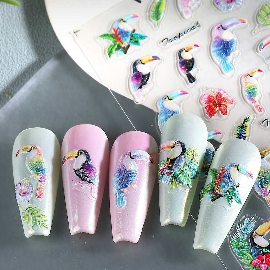 1/2pcs 5D Embossed Parrot Bird - Nail Art Van Gogh ulasan dan harga