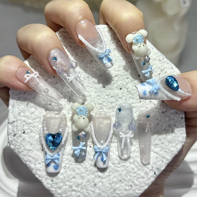 Cute 3D Blue Baby Bear French  - Nail Art Glitter ulasan dan harga