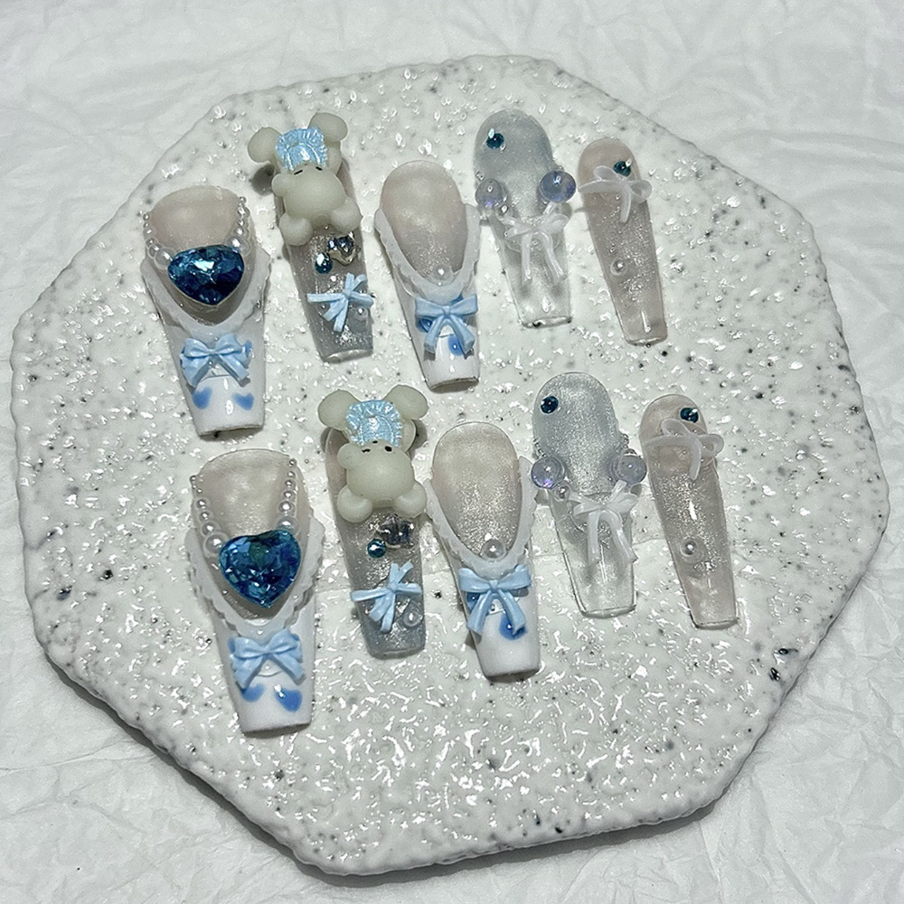 Cute 3D Blue Baby Bear French  - Nail Art Glitter ulasan dan harga