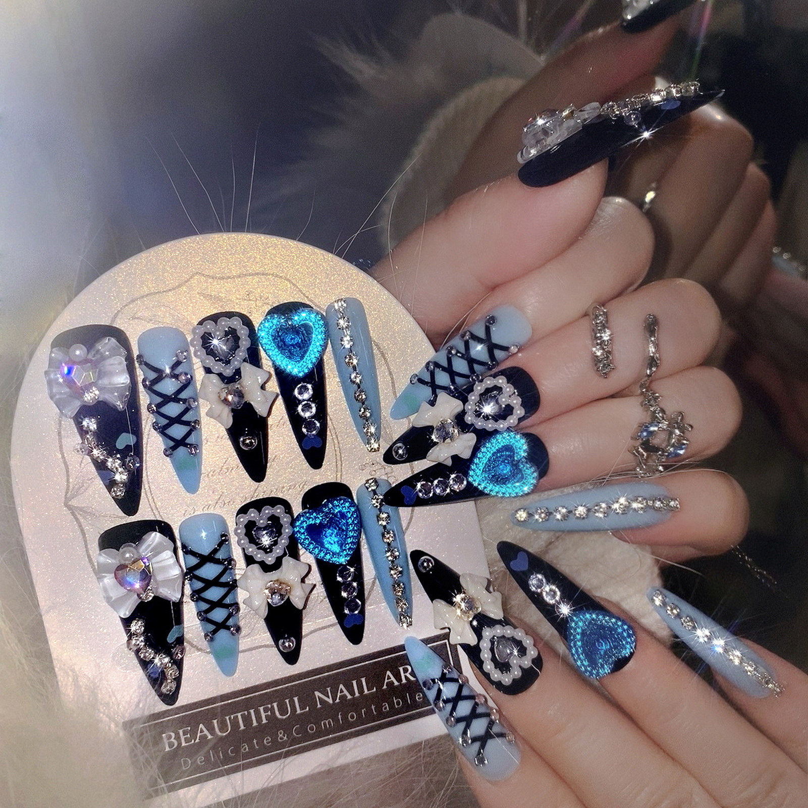 24pcs 3D Bow Decor False Nails - Nail Art Glitter ulasan dan harga