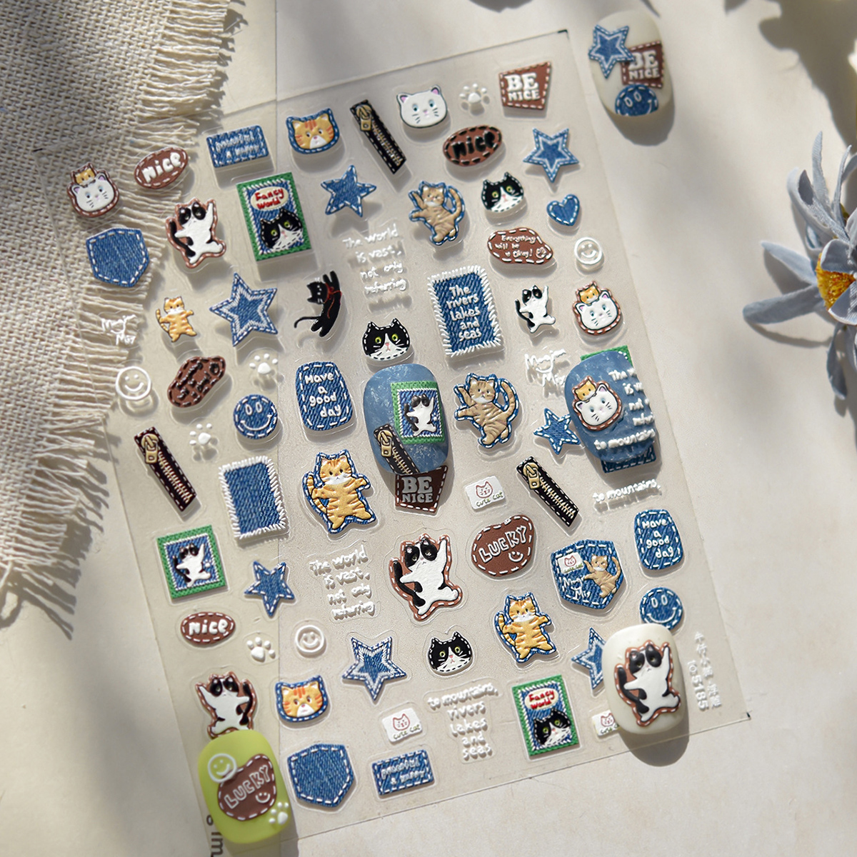 Retro Denim Cat 3D Relief Stic - Nail Art Denim ulasan dan harga