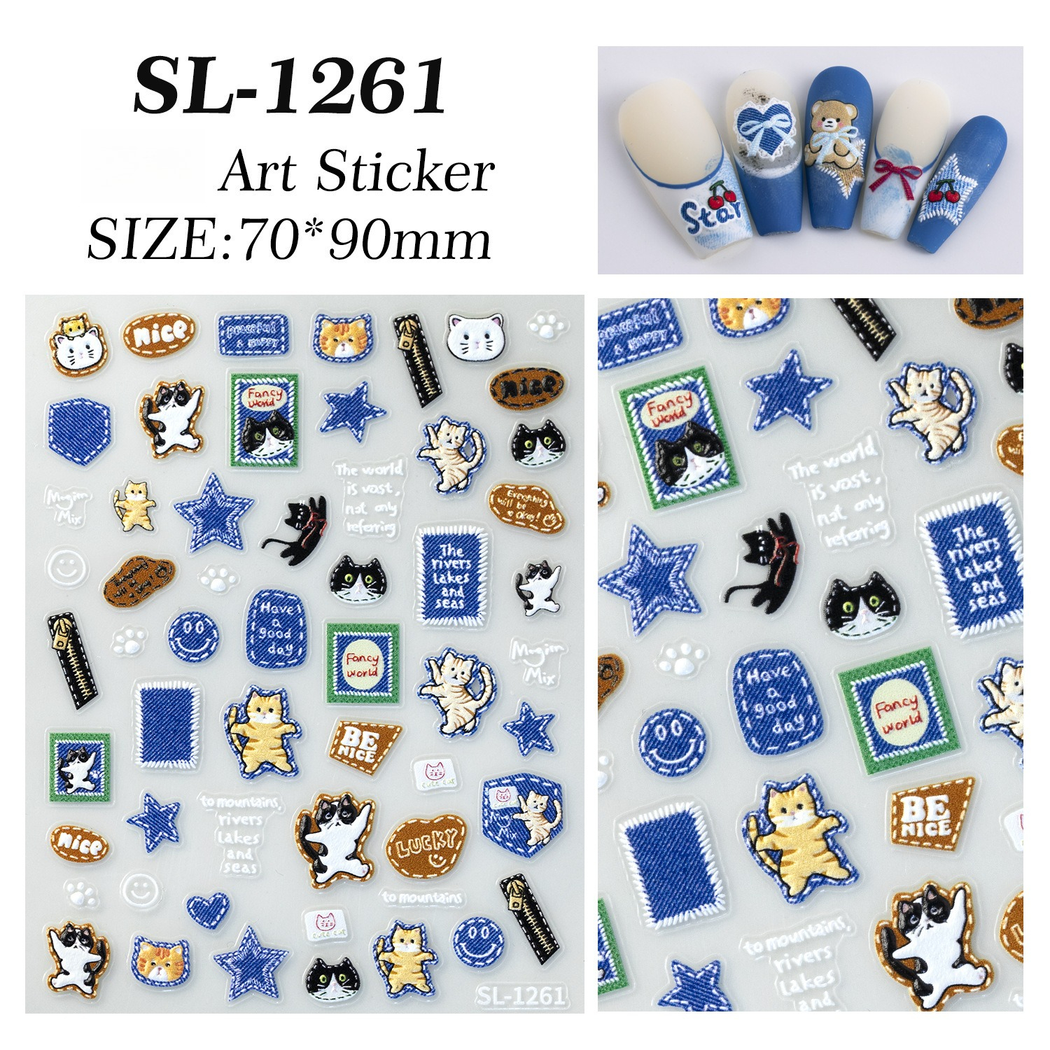 3D Denim Cat Nail Art Stickers - Nail Art Denim ulasan dan harga