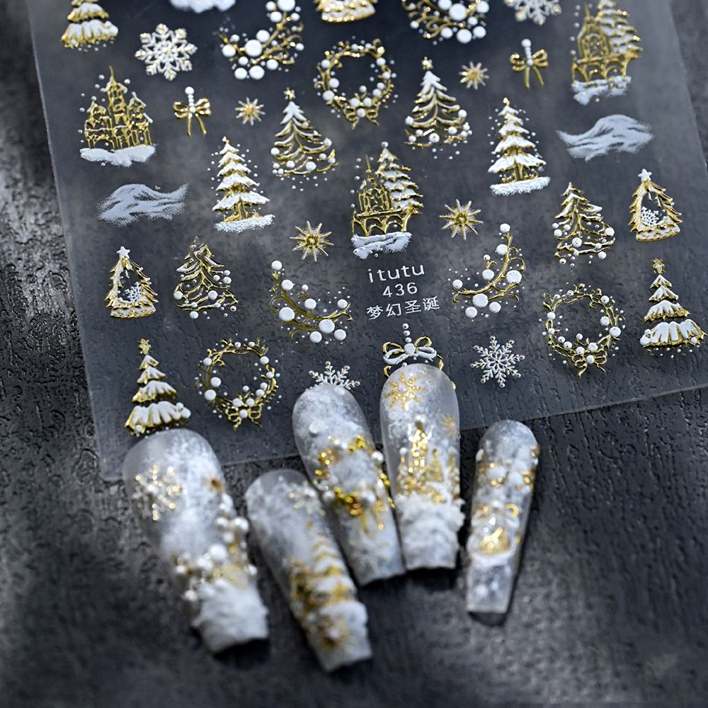 1pc 5D Gold Snow Christmas Tre - Nail Art Xmas Stickers ulasan dan harga